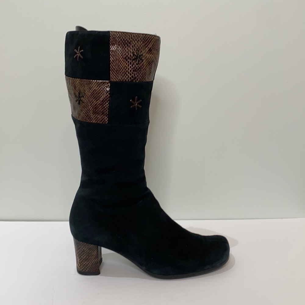 MEDEA Women Black/Tan Suede Leather Snake Skin Zip Up Heels Size 39/US 8-8.5